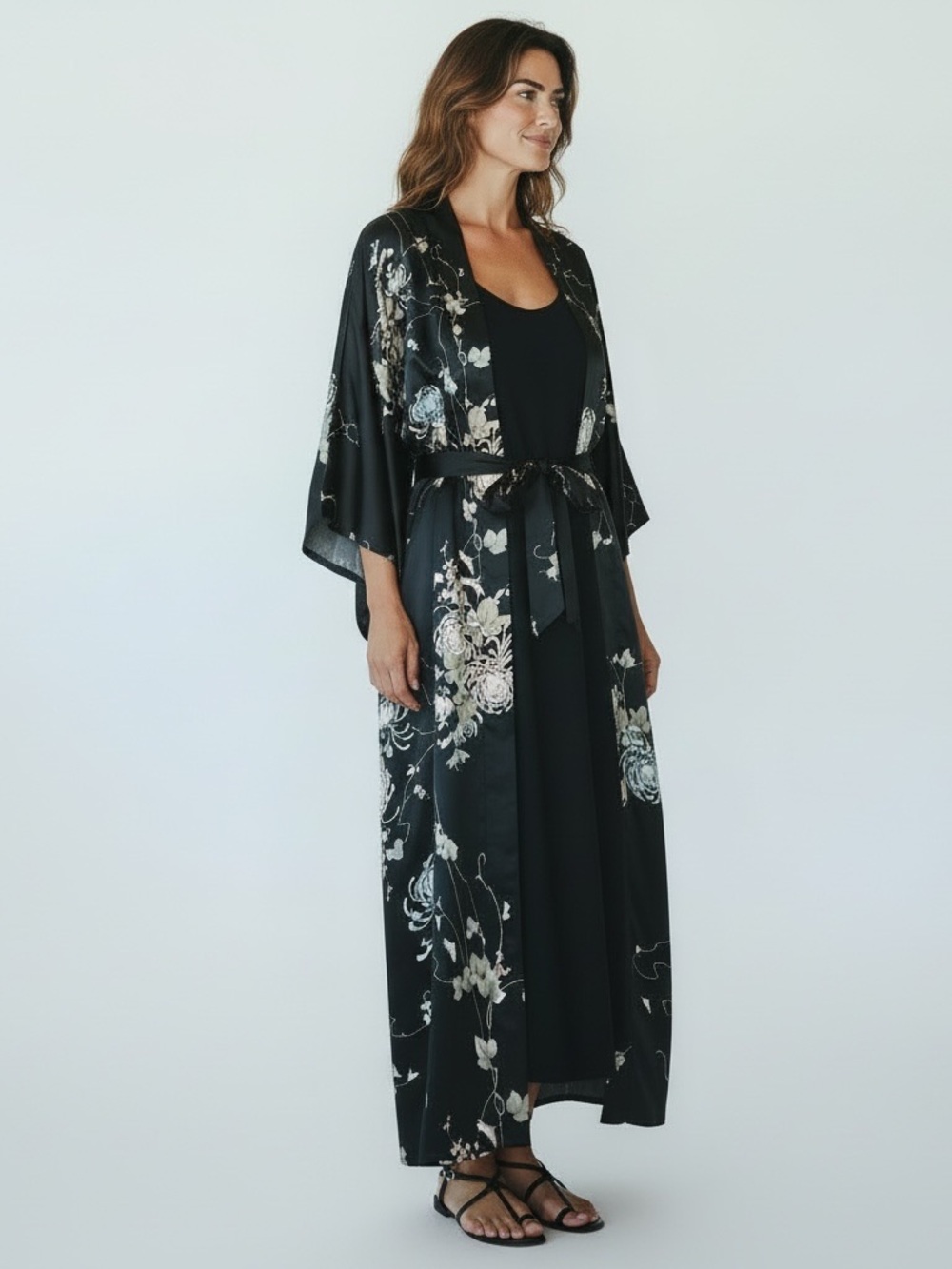 Japanese Black Satin Floral Kimono Robe Duster with Tie Made in Japan OS